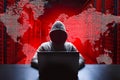 Hacker initiating global cyber attack using laptop in server room Royalty Free Stock Photo