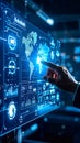 Hand touching a digital display with world map and data visualizations, futuristic technology. Royalty Free Stock Photo