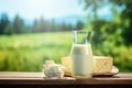 Fresh dairy products, milk, different cheese on wooden tabletop and blurred landscape. Generative AI