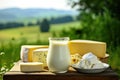 Fresh dairy products, milk, different cheese on wooden tabletop and blurred landscape. Generative AI