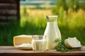 Fresh dairy products, milk, different cheese on wooden tabletop and blurred landscape. Generative AI Royalty Free Stock Photo