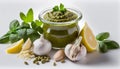 Homemade pesto sauce and ingredients, Traditional Italian pesto recipe. Green sauce with fresh herb and spices Royalty Free Stock Photo