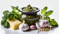 Homemade pesto sauce and ingredients, Traditional Italian pesto recipe. Green sauce with fresh herb and spices Royalty Free Stock Photo