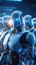Humanoid androids with glowing eyes standing in formation representing advanced robotics and future technology Royalty Free Stock Photo