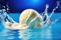 Ice cream ball and sprinkles in blue water. Freshness, cooling, thirst quenching in the hot summer time. Vanilla, banana Royalty Free Stock Photo