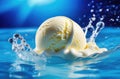 Ice cream ball and sprinkles in blue water. Freshness, cooling, thirst quenching in the hot summer time. Vanilla, banana Royalty Free Stock Photo