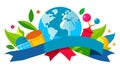 The image includes various flat elements such as a globe, a plant and a ribbon for text.