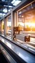Industrial manufacturing line for metal framing components with warm sunlight glare Royalty Free Stock Photo