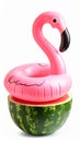 Inflatable pink flamingo pool float on top of a watermelon slice against white background Royalty Free Stock Photo