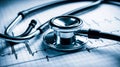Stethoscope on ECG Heart Rhythm Chart â Blue-Toned Medical Diagnostic Close-Up Royalty Free Stock Photo
