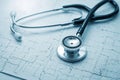 Stethoscope on ECG Heart Rhythm Chart â Blue-Toned Medical Diagnostic Close-Up Royalty Free Stock Photo