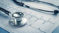 Stethoscope on ECG Heart Rhythm Chart â Blue-Toned Medical Diagnostic Close-Up Royalty Free Stock Photo