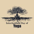 Intricate illustration of a yogic tree pose melding with expansive roots for International Yoga Day Royalty Free Stock Photo