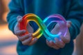 Kid hand holding autism infinity rainbow symbol sign. World autism awareness day, autism rights movement, neurodiversity