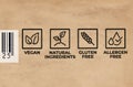 Labels on a food package saying Vegan, Natural Ingredients Gluten Free Allergen Free