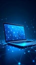 Laptop displaying digital network connections and data transfer in a blue futuristic environment Royalty Free Stock Photo