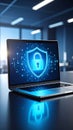 Laptop displaying digital security shield and padlock icon in modern office setting Royalty Free Stock Photo