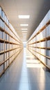 Long hallway of archive storage with rows of files and bright overhead lighting Royalty Free Stock Photo