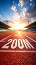 200m running track start line with stadium seating and sunset sky Royalty Free Stock Photo