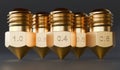 Many brass nozzles for 3D printer with different sizes. 3D rendered illustration