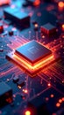 Microchip glowing red and blue on a circuit board representing modern technology and advanced computing Royalty Free Stock Photo