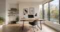 A minimalist home office featuring a sleek desk, neutral decor, and simple organization. A clean and stylish workspace Royalty Free Stock Photo