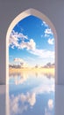 Minimalist white architectural arch opening to a tranquil sea with a reflected sunset sky Royalty Free Stock Photo