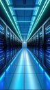 Modern Data Center Interior with Server Racks and Neon Lighting Royalty Free Stock Photo