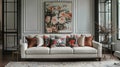 A modern living room with soft-edged floral pattern upholstery on the sofa, complemented by two-tone floral etude