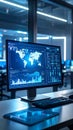 Modern office workstation with data analysis and world map displayed on a computer screen Royalty Free Stock Photo