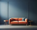 Modern soft orange sofa against a background of an empty blue wall. Minimalist interior of a modern room Royalty Free Stock Photo