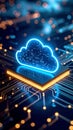 Neon cloud computing icon on digital circuit board with data transfer concept Royalty Free Stock Photo