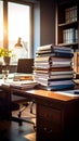 Office Desk with Stack of Documents and Laptop in Bright Sunlight Royalty Free Stock Photo