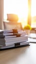 Office desk with stack of papers and binder clips, bright sunlight Royalty Free Stock Photo