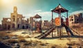 Old rusting children playground in post-apocalyptic landscape, ruined buildings, desolate environment, decay, abandoned place Royalty Free Stock Photo
