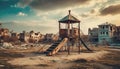 Old rusting children playground in post-apocalyptic landscape, ruined buildings, desolate environment, decay, abandoned place Royalty Free Stock Photo