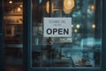 Generated imageopen sign Restaurant door handle with push sign on glass doors.