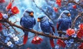 A pair of birds with red and blue feathers sit on a branch with spring charry flowers Royalty Free Stock Photo