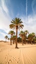 Palm trees in a desert oasis under a cloudy blue sky. Royalty Free Stock Photo
