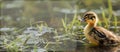 Panorama, Portrait of a duckling on the river bank. A cute duckling swims in the water. Close-up. Farm animals or birds Royalty Free Stock Photo