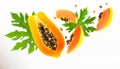 papaya with half slices papaya falling or flying in the air with green leaves isolated on white background Royalty Free Stock Photo