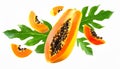 papaya with half slices papaya falling or flying in the air with green leaves isolated on white background Royalty Free Stock Photo