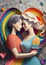 Generated image of paper cut collage of a young lesbian couple hugging an expressing love.