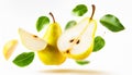 pears with half slices pear falling or flying in the air with green leaves isolated on white background