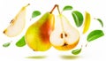 pears with half slices pear falling or flying in the air with green leaves isolated on white background Royalty Free Stock Photo