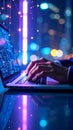 Person typing on laptop, data visualization, neon lights, background bokeh. Royalty Free Stock Photo