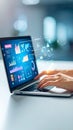 Person working on laptop with digital interface, data visualization, and graphs. Royalty Free Stock Photo