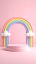 Pink display podium with pastel rainbow arch and fluffy clouds on a sweet background for product showcase Royalty Free Stock Photo
