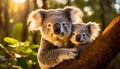 portrait of a cute mother koala with little baby on a tree branch in the forest with sun rays Royalty Free Stock Photo