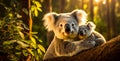 portrait of a cute mother koala with little baby on a tree branch in the forest with sun rays Royalty Free Stock Photo